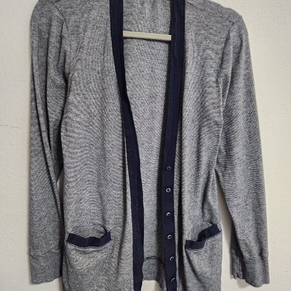 J Crew | Women's Blue Vintage Striped Cotton Overlay Cardigan Pockets Medium - Picture 4 of 9